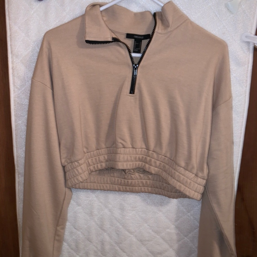 Tan cinched waist cropped zip up